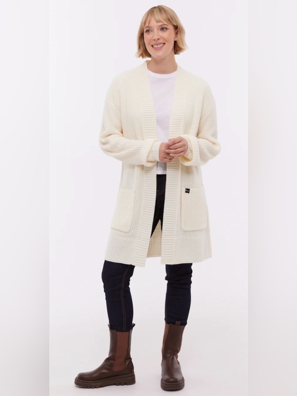 Bench Streetwear Asteria Long Cardigan Sweater Open-Front Pocket Cream/Ecru Sz M